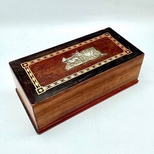 Vintage Vineland NJ Souvenir Cedar Wood Keepsake Box Inlaid Horse Carriage 7.5in